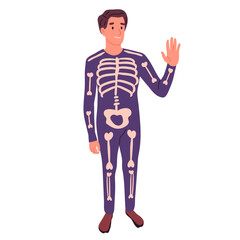 Man wearing skeleton costume. Halloween party masquerade male character. Trick or treat night flat vector illustration