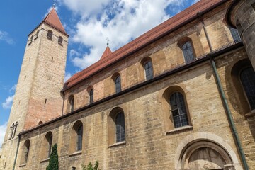 Fototapeta na wymiar Niedermünster Church, South view of the new Romanesque building from around 1150, Regensburg