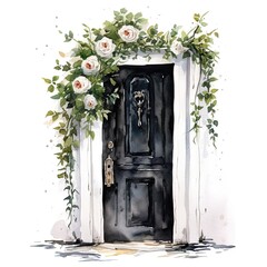 watercolor floral door black roses white background