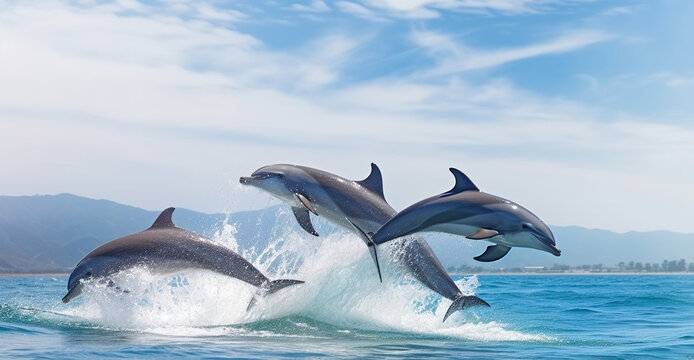 Group of dolphins jumping on the water, Generative AI