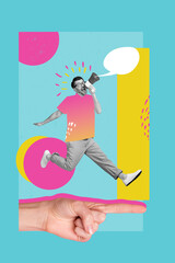 Creative image magazine collage of excited young guy promoter shouting loud in bullhorn share mind cloud with shopping offer