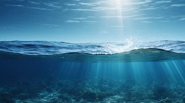 Underwater sea and sky, split shot of half water half sky, generative ai