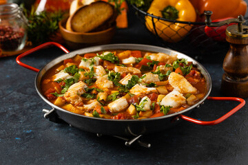 Traditional Portuguese fish stew. Cod stew.