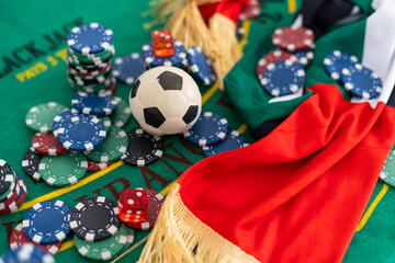 stack of chips play poker on green background close up