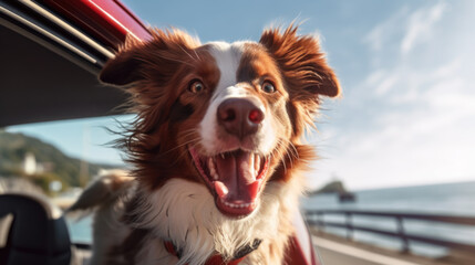 Cute excited border collie with head out of the car, family pet dog sticks face out of window excited for beach walk AI