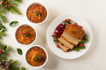 Small, baked patties in Christmas decoration. Top view.