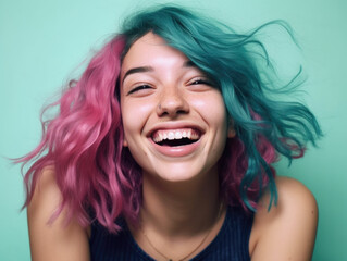 Portrait of bold young woman with bright pink and green hair laughing in studio, happy youthful carefree experimental trendy fun whimsical mood generative AI