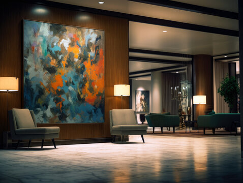 Modern Hotel Lobby Reception Waiting Area With Large Art Work Hanging, Marble Floors And Stylish Furniture AI Generated