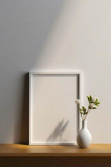 White frame mockup with vase and cotton branch on wooden shelf. Generative AI.