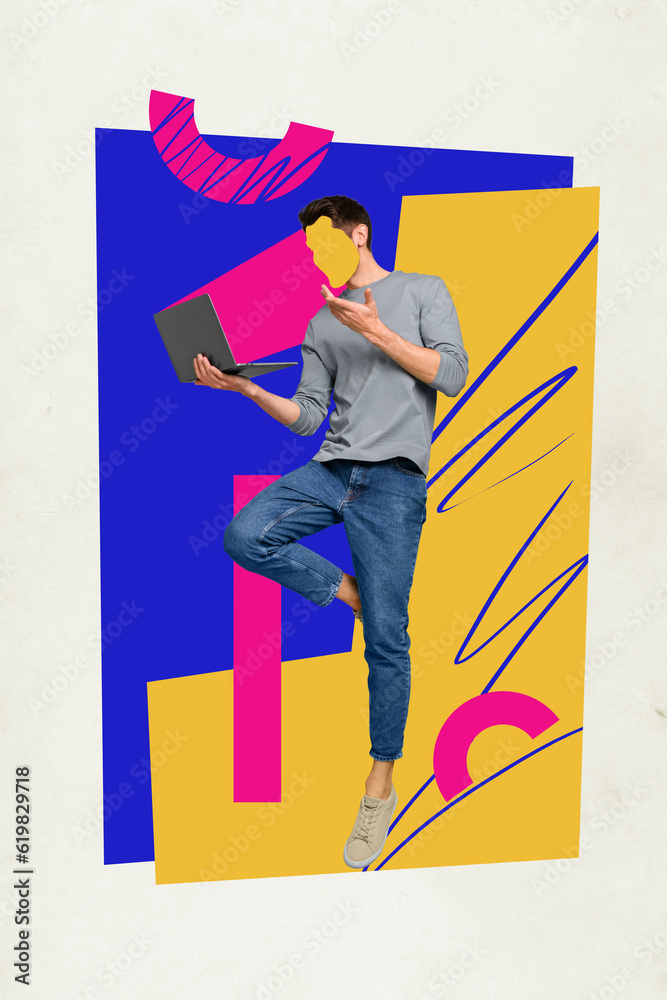 Aufkleber poster vibrant banner collage of addicted millennial guy using netbook watching video with false new