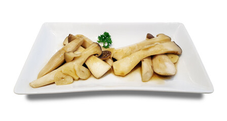 Stir fried fresh mushrooms with oyster sauce on white background