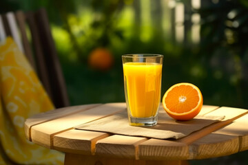 A glass of fresh and refreshing orange juice on a wooden table in the garden, close-up. Generative AI.