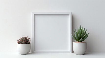 White frame mockup with succulent plant on white background. 3D rendering. Generative AI.
