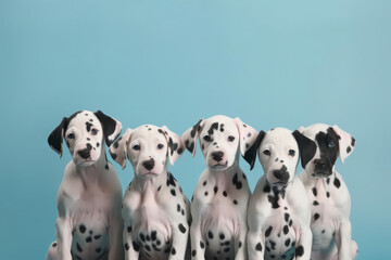 Group of happy dalmatian puppies look at camera on pastel blue background