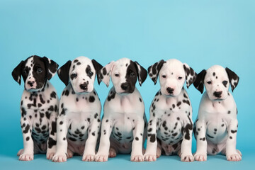 Group of happy dalmatian puppies look at camera on pastel blue background