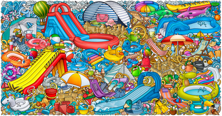 Cartoon cute doodles summer beach children's entertainment illustration.