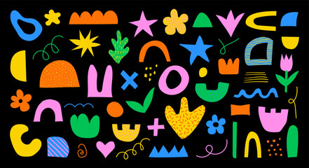 Set of abstract retro Y2K naive hand drawn organic shapes. Vector doodle collection of colorful matisse figures, flowers, stars in 70s groovy style