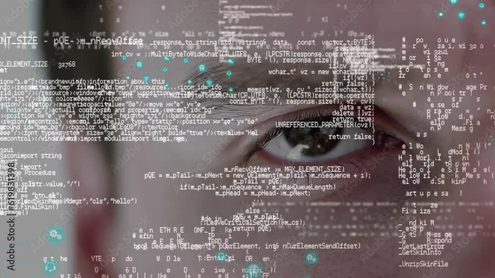 Poster animation of computer icons and computer language over cropped eye of caucasian man