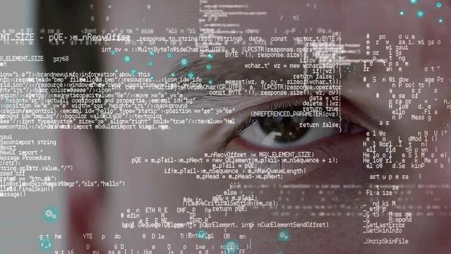 Animation of computer icons and computer language over cropped eye of caucasian man