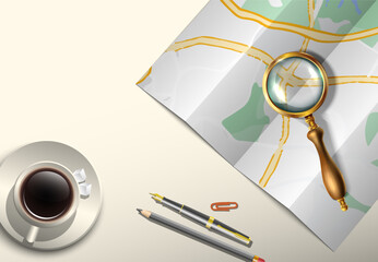 Realistic background. Travel banner with map and magnifying glass.