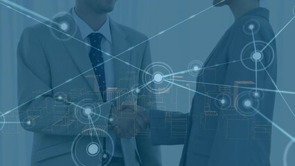 Animation of connected dots, 3d model of city over caucasian entrepreneurs shaking hands in office - Powered by Adobe