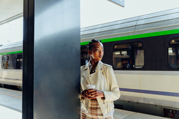 Young african business woman drinking coffee while wait for train on railway station platform on...