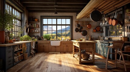 Fototapeta na wymiar Wooden kitchen with a warm effect, everything is made of wood, Beautiful use of wood in the interior kitchen of a real wild novel wooden house. Generative AI
