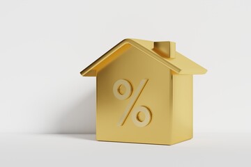 3D rendering gold house model with percentage symbol on white background. Concept for real estate interest rates, mortgage rate.