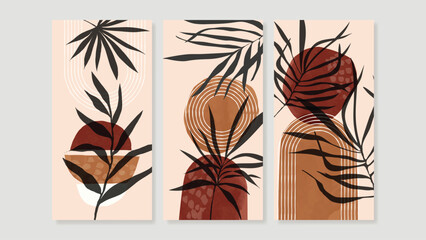 Fototapeta na wymiar Set of abstract foliage wall art vector. Leaves, geometric shapes, earth tone colors, palm leaf in hand drawn style. Watercolor wall decoration collection design for interior, poster, cover, banner.