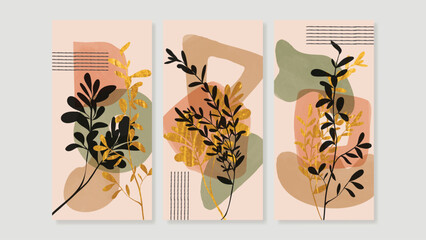 Set of abstract foliage wall art vector. Leaves, organic shapes, earth tone colors, tropical leaf in hand drawn style. Luxury wall decoration collection design for interior, poster, cover, banner.