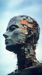 Fototapeta na wymiar Concrete and welded rusty corroded steel metal sculpture portrait of a human female face, expressive and depressing post industrial modern decay art - generative AI