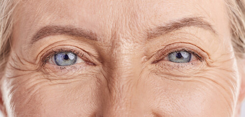 Closeup of senior woman, eyes and wrinkles with vision, skin with face and natural beauty. Anti...