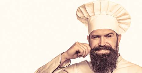 Beard man and moustache wearing bib apron. Bearded chef, cooks or baker. Bearded male chefs isolated on white. Funny chef with beard cook