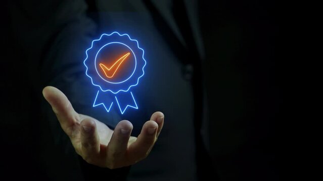 Businessman's hand showing the sign of the digital technology icon symbol with check mark insurance service, concept of quality control assurance, certification, and ISO highest service quality mark.