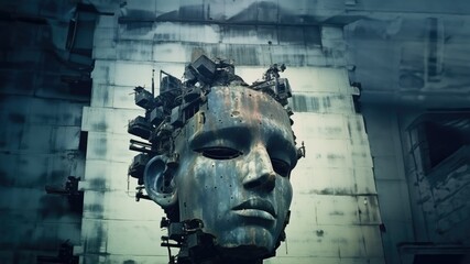Fototapeta na wymiar Concrete and welded rusty corroded steel metal sculpture portrait of a human female face, expressive and depressing post industrial modern decay art - generative AI