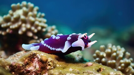 Majestic Underwater Dance, Dark Purple and White Nudibranch Gracefully Crawling on a Natural Reef in the Depths of the Blue Sea. Generative AI