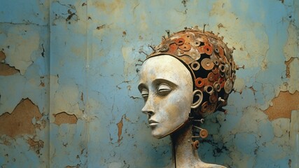 Concrete and welded rusty corroded steel metal sculpture portrait of a human female face, expressive and depressing  post industrial modern decay art - generative AI