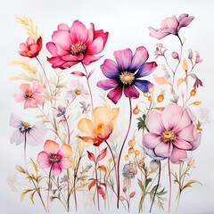 Obraz premium Boho chic Floral Wildflowers Watercolor, Delicate Blooms on a white background. AI generation