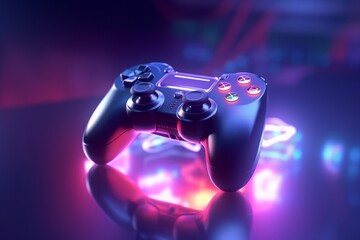 Gamepad controller in neon light. Realistic 3D render illustration