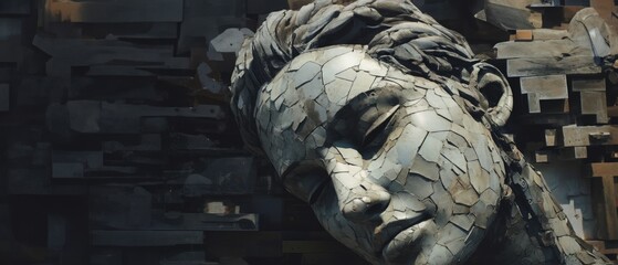 Concrete and welded rusty corroded steel metal sculpture portrait of a human female face, expressive and depressing  post industrial modern decay art - generative AI