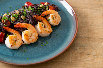 stir-fried black spaghetti with garlic and shrimps