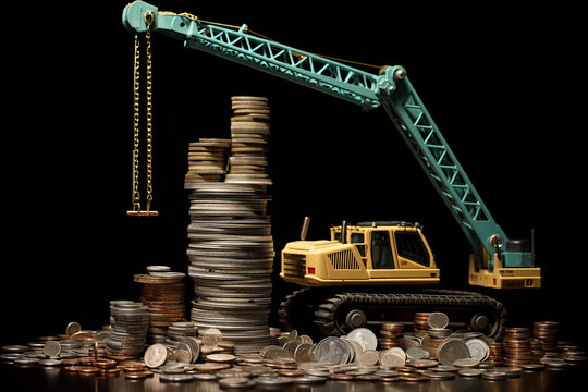 A toy construction crane stacks coins into a column created with Ai generative tools. Invest your money to get income. Make more money