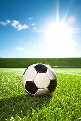 Naklejka premium Fußball auf einem Sportplatz mit blauen Himmel und Sonnenschein 