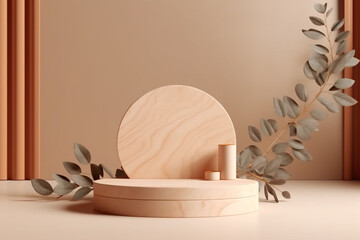 Minimal modern product display on neutral beige background. Wood slice podium and green leaves. Concept scene stage showcase for new product, promotion sale, banner, presentation