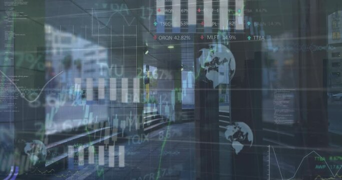 Animation of trading board, globes, graphs over interior of modern building with columns in city