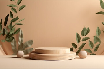 Minimal modern product display on neutral beige background. Wood slice podium and green leaves. Concept scene stage showcase for new product, promotion sale, banner, presentation