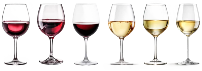 Foto op Plexiglas Glass with red and white wine. transparent wineglasses on transparent background. alcohol glassware. Grape beverages serving. Isolated transparent goblets.  © losmostachos