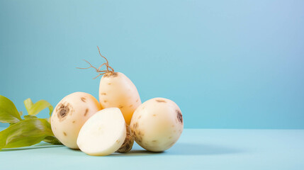 Jicama on colorful background. empty copy space on the side for text. Bright Vibrant colors. Generative AI.