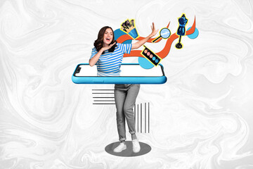 Creative absurd collage of young girl dancing smartphone touchscreen find cosmetology palette...