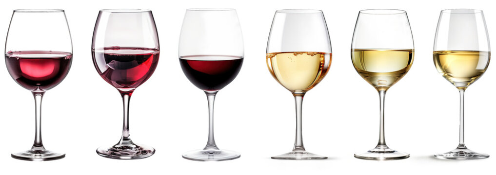 Glass with red and white wine. transparent wineglasses on transparent background. alcohol glassware. Grape beverages serving. Isolated transparent goblets. 
